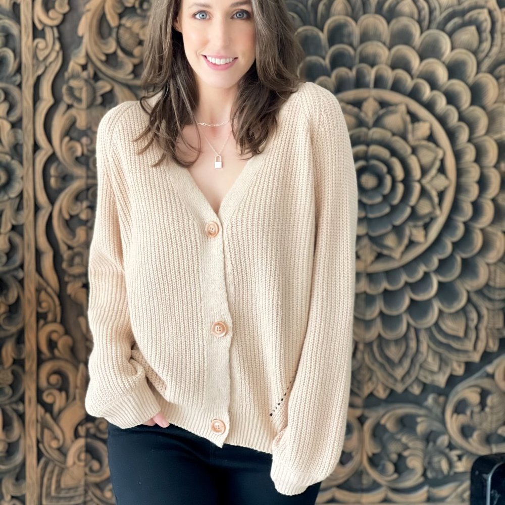 Tan Balloon Sleeve Cardigan Sweater NWT
